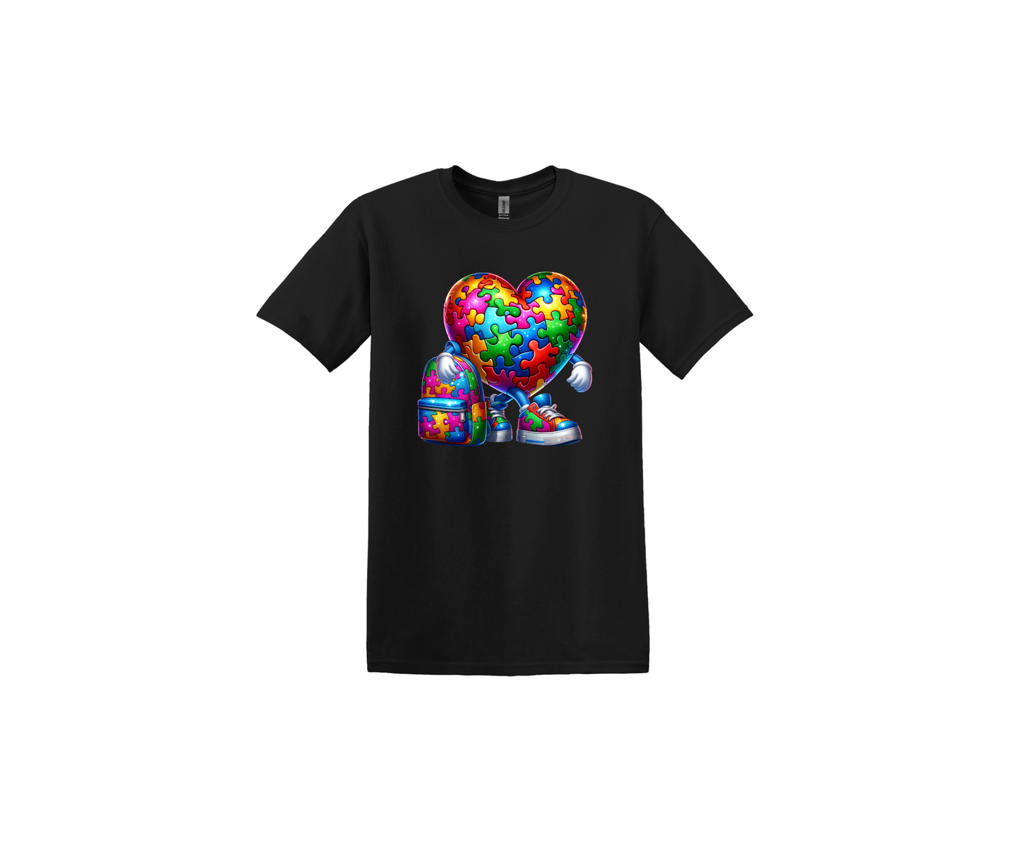 Autism Heart with Big Book Bag Black T-Shirt