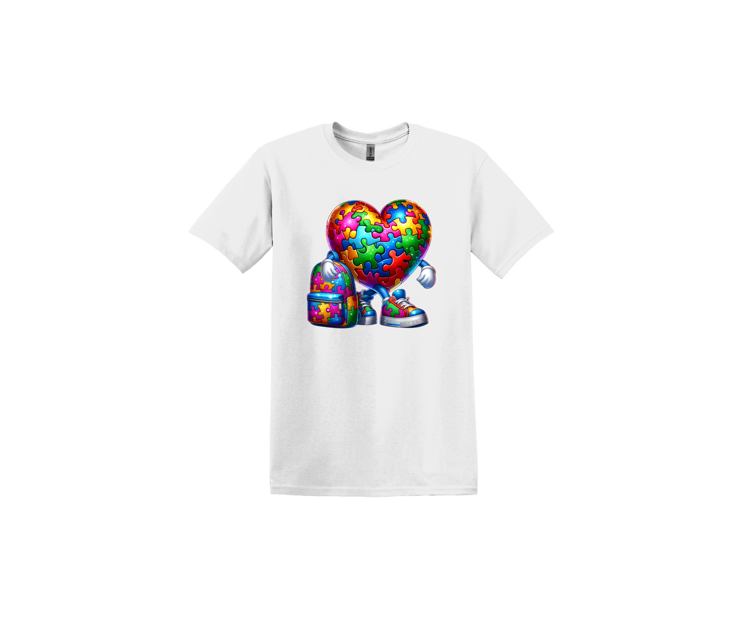 Autism Heart with Big Book Bag White T-Shirt
