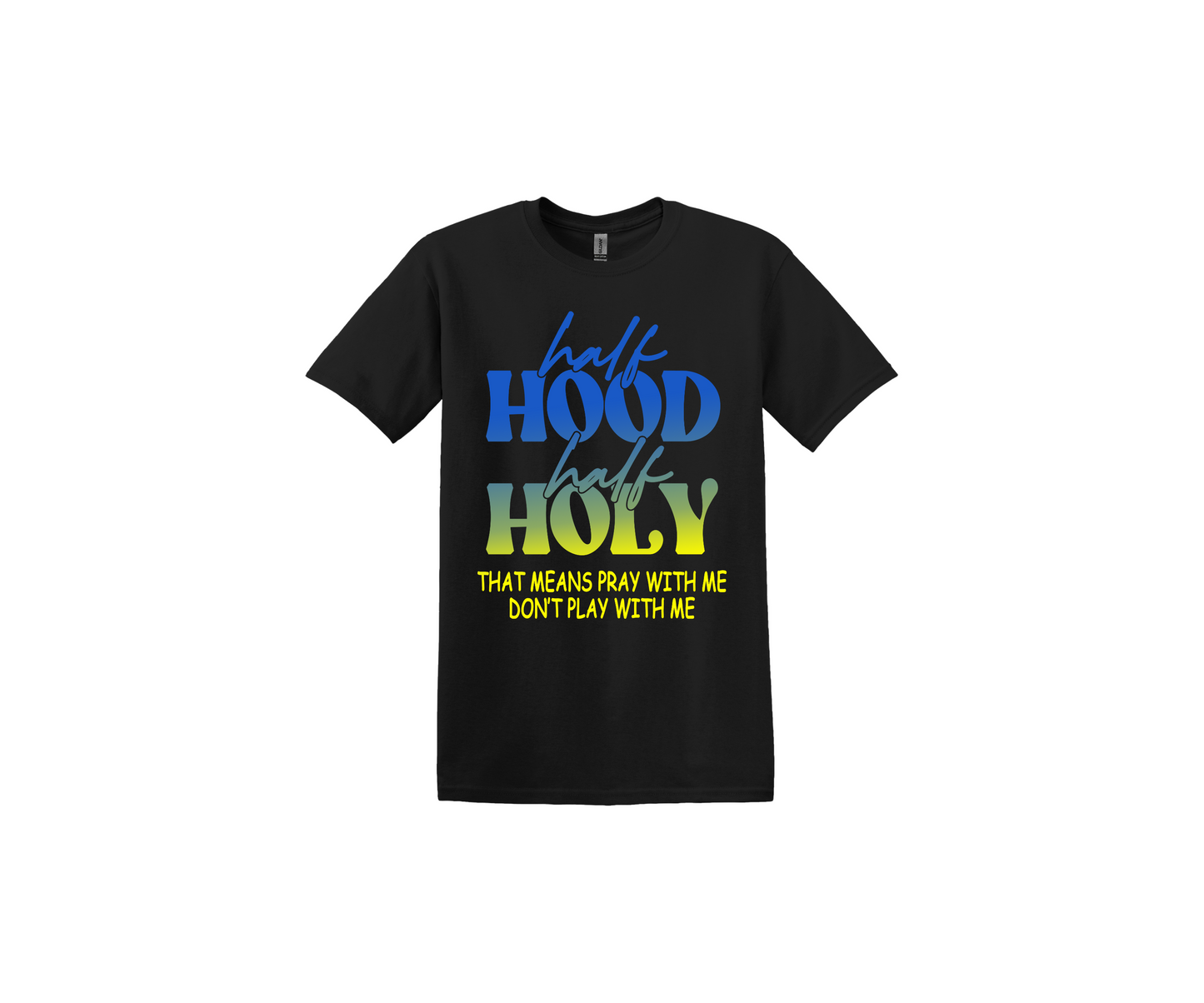 Half Hood Half Holy Ombre Blue, Green and Yellow Black Shirt