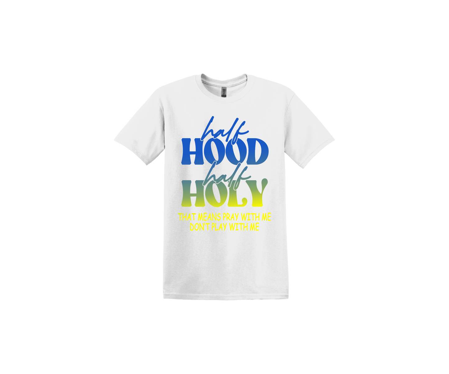 Half Hood Half Holy Ombre Blue, Green and Yellow White T-Shirt