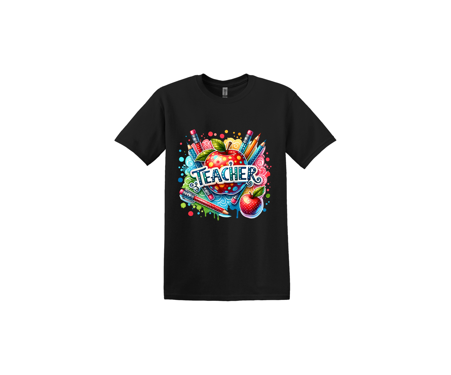 Teacher with Apple and Pencils Black T-Shirt